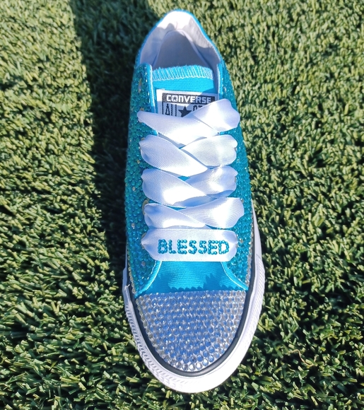 NEW Baby Blue Hand Embellished CONVERSE with "BLESSED" laces - Picture 5 of 8